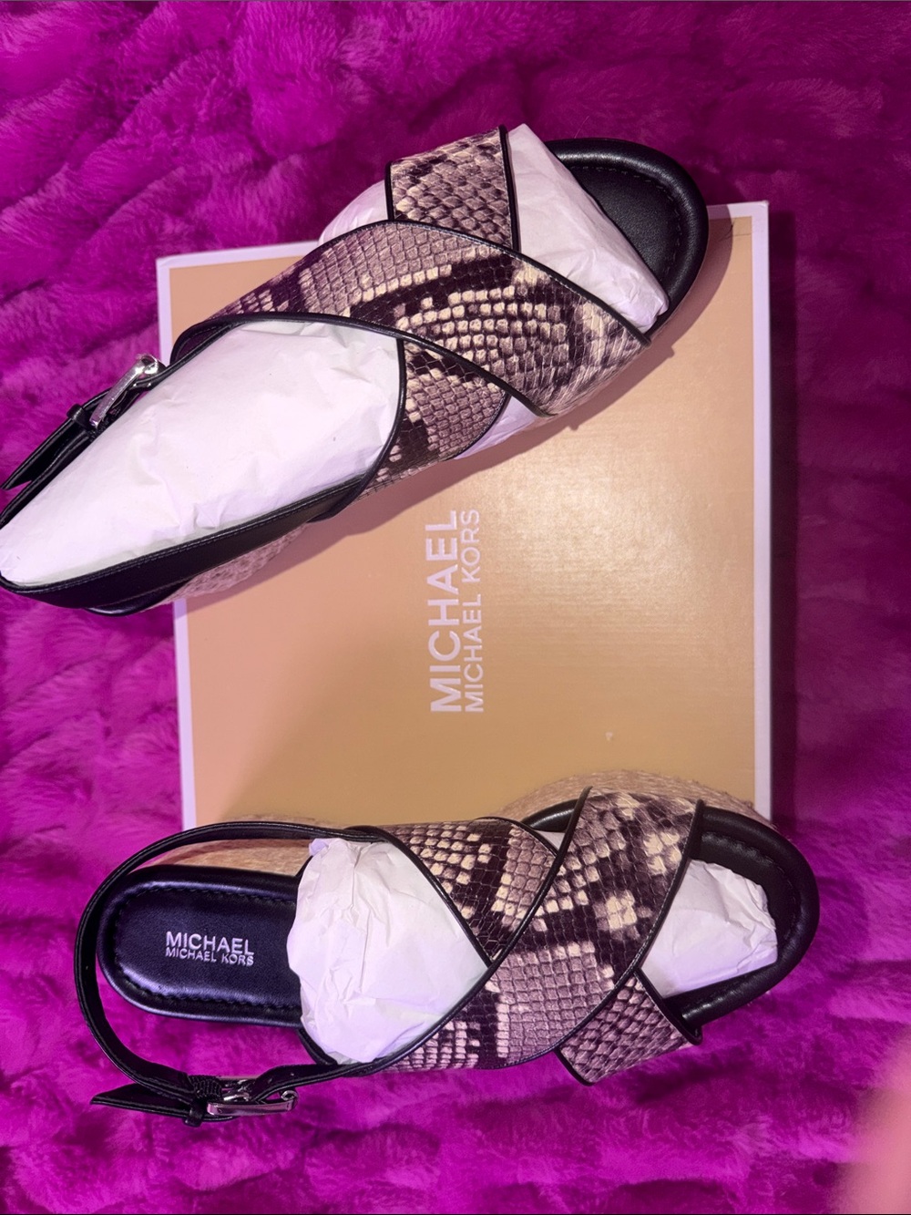 Michael Kors Snake-Print Slingback Sandals in Beige and Black